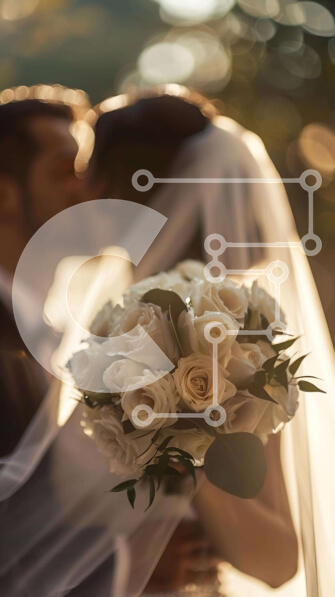 Intra Συλλεκτικό Ξύλινο Παζλ Plywood  4mm - Ρομαντικό νιόπαντρο ζευγάρι που φιλιέται σε εξωτερικούς χώρους με λευκά τριαντάφυλλα Σε Ξύλινο Κουτί - Διαστάσεις Puzzle: 10x10 cm – 25 κομμάτια