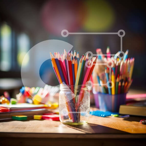 Intra Συλλεκτικό Ξύλινο Παζλ Plywood  4mm - Πολύχρωμα σχολικά είδη και βιβλία σε ένα εκπαιδευτικό περιβάλλον Σε Ξύλινο Κουτί - Διαστάσεις Puzzle: 10x10 cm – 25 κομμάτια