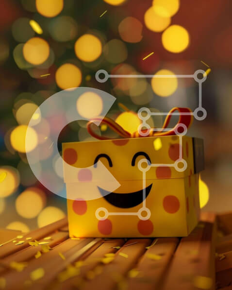 Intra Συλλεκτικό Ξύλινο Παζλ Plywood  4mm - Κουτί δώρου Smiley Face σε ξύλινο τραπέζι με χριστουγεννιάτικο δέντρο Σε Ξύλινο Κουτί - Διαστάσεις: 10x10 cm – 25 κομμάτια