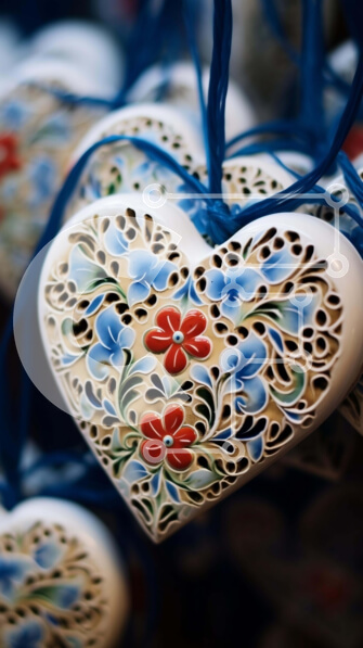 Intra Συλλεκτικό Ξύλινο Παζλ Plywood  4mm - Ομάδα λευκών και μπλε στολιδιών σε σχήμα καρδιάς με floral σχέδια Σε Ξύλινο Κουτί - Διαστάσεις: 10x10 cm – 25 κομμάτια