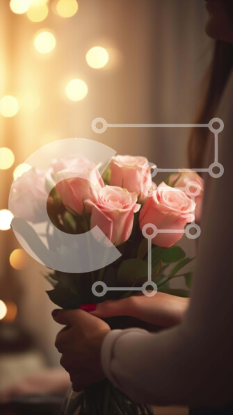 Intra Συλλεκτικό Ξύλινο Παζλ Plywood  4mm - Γυναίκα με ροζ τριαντάφυλλα σε φωτισμένο φόντο Σε Ξύλινο Κουτί - Διαστάσεις Puzzle: 10x10 cm – 25 κομμάτια