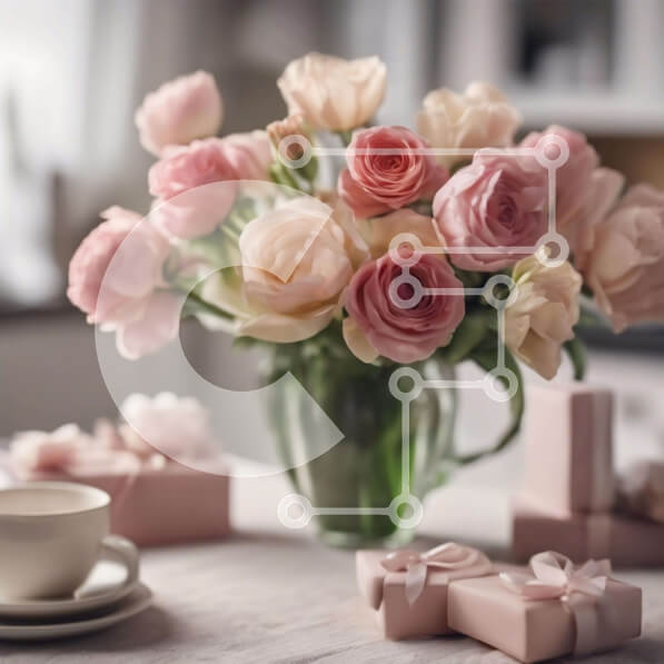 Σετ των 2 Intra Συλλεκτικό Ξύλινο Παζλ Plywood  4mm - Ροζ τριαντάφυλλα σε γυάλινο βάζο με κουτιά δώρου και φλιτζάνι καφέ Σε Ξύλινο Κουτί - Διαστάσεις: 10x10 cm – 25 κομμάτια