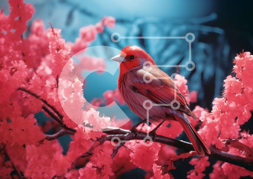 Intra Συλλεκτικό Ξύλινο Παζλ Plywood  4mm - Κόκκινο πουλί σκαρφαλωμένο σε κλαδί από ροζ άνθη Σε Ξύλινο Κουτί - Διαστάσεις: 10x10 cm – 25 κομμάτια