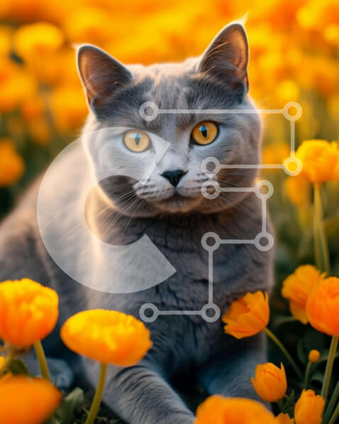 Intra Συλλεκτικό Ξύλινο Παζλ Plywood  4mm - Γκρίζα γάτα στο πεδίο πορτοκαλί λουλουδιών Σε Ξύλινο Κουτί - Διαστάσεις: 10x10 cm – 25 κομμάτια