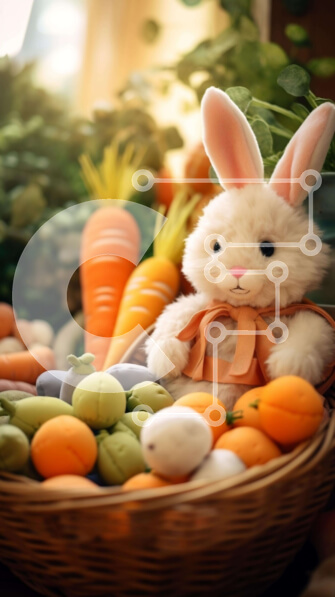 Intra Συλλεκτικό Ξύλινο Παζλ Plywood  4mm - Πασχαλινό λαγουδάκι κουνέλι με πορτοκάλια και καρότα στο καλάθι Σε Ξύλινο Κουτί - Διαστάσεις Puzzle: 10x10 cm – 25 κομμάτια