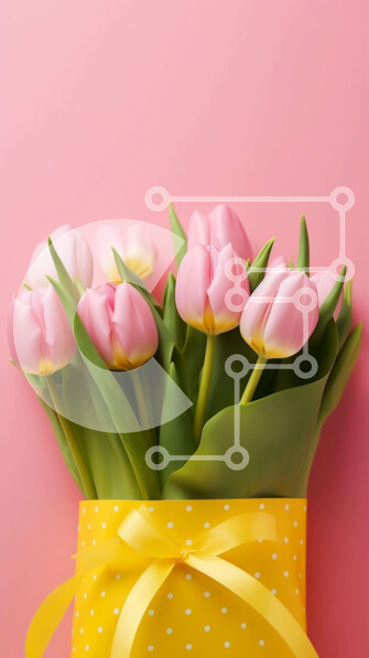 Σετ των 2 Intra Συλλεκτικό Ξύλινο Παζλ Plywood  4mm - Μπουκέτο με ροζ τουλίπες σε κίτρινο κουτί με κορδέλες με πουά Σε Ξύλινο Κουτί - Διαστάσεις: 10x10 cm – 25 κομμάτια