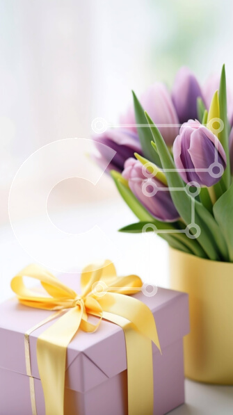 Σετ των 2 Intra Συλλεκτικό Ξύλινο Παζλ Plywood  4mm - Μωβ τουλίπες σε βάζο και ανοιχτό κίτρινο κουτί δώρου Σε Ξύλινο Κουτί - Διαστάσεις: 10x10 cm – 25 κομμάτια