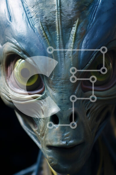 Intra Συλλεκτικό Ξύλινο Παζλ Plywood  4mm - Κοντινό πλάνο του εξωγήινου προσώπου με τα μεγάλα πράσινα μάτια Σε Ξύλινο Κουτί - Διαστάσεις Puzzle: 10x10 cm – 25 κομμάτια