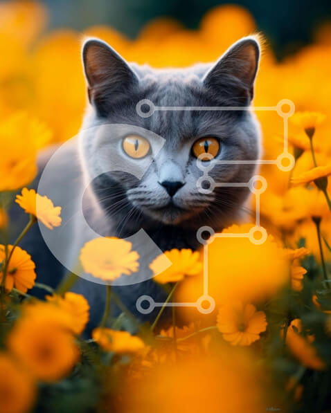 Σετ των 2 Intra Συλλεκτικό Ξύλινο Παζλ Plywood  4mm - Γκρίζα γάτα ανάμεσα στα κίτρινα λουλούδια Σε Ξύλινο Κουτί - Διαστάσεις: 10x10 cm – 25 κομμάτια