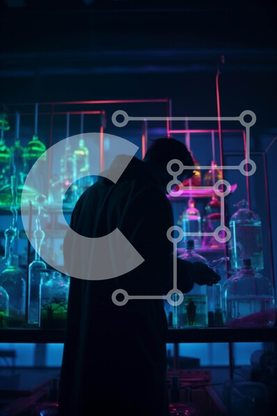 Intra Συλλεκτικό Ξύλινο Παζλ Plywood  4mm - Άνθρωπος στο εργαστήριο με γυάλινα ποτήρια και φώτα νέον Σε Ξύλινο Κουτί - Διαστάσεις Puzzle: 10x10 cm – 25 κομμάτια