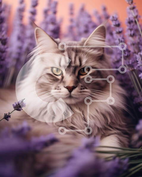 Intra Συλλεκτικό Ξύλινο Παζλ Plywood  4mm - Γκρι και λευκή γάτα με λουλούδια λεβάντας Σε Ξύλινο Κουτί - Διαστάσεις: 10x10 cm – 25 κομμάτια