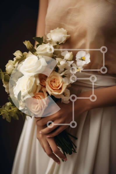 Intra Συλλεκτικό Ξύλινο Παζλ Plywood  4mm - Γυναίκα που κρατά μπουκέτο από λευκά και ροδακινί τριαντάφυλλα Σε Ξύλινο Κουτί - Διαστάσεις Puzzle: 10x10 cm – 25 κομμάτια