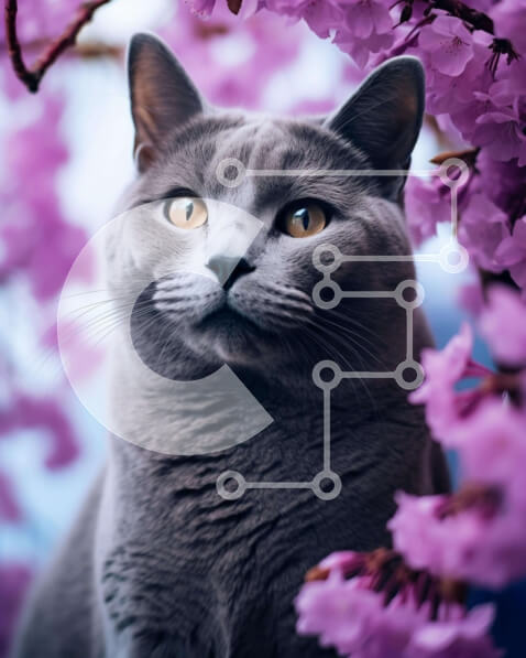 Σετ των 2 Intra Συλλεκτικό Ξύλινο Παζλ Plywood  4mm - Περίεργη γκρίζα γάτα με μωβ άνθη Σε Ξύλινο Κουτί - Διαστάσεις: 10x10 cm – 25 κομμάτια