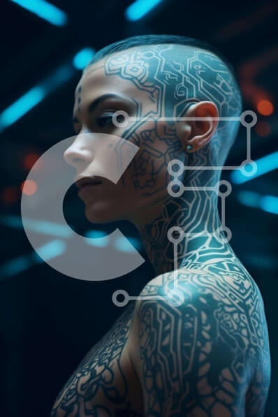 Intra Συλλεκτικό Ξύλινο Παζλ Plywood  4mm - Φουτουριστική γυναίκα με τατουάζ Σε Ξύλινο Κουτί - Διαστάσεις Puzzle: 10x10 cm – 25 κομμάτια