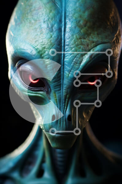 Intra Συλλεκτικό Ξύλινο Παζλ Plywood  4mm - Κοντινό πλάνο του εξωγήινου προσώπου με τα κόκκινα μάτια Σε Ξύλινο Κουτί - Διαστάσεις Puzzle: 10x10 cm – 25 κομμάτια