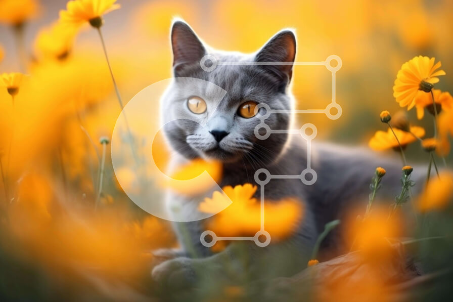 Σετ των 2 Intra Συλλεκτικό Ξύλινο Παζλ Plywood  4mm - Γκρίζα γάτα στο πεδίο των κίτρινων λουλουδιών Σε Ξύλινο Κουτί - Διαστάσεις: 10x10 cm – 25 κομμάτια