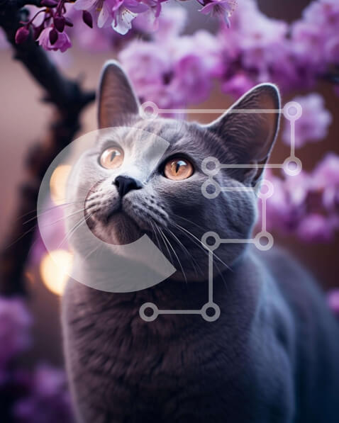 Σετ των 2 Intra Συλλεκτικό Ξύλινο Παζλ Plywood  4mm - Περίεργη γκρίζα γάτα και μωβ άνθη Σε Ξύλινο Κουτί - Διαστάσεις: 10x10 cm – 25 κομμάτια