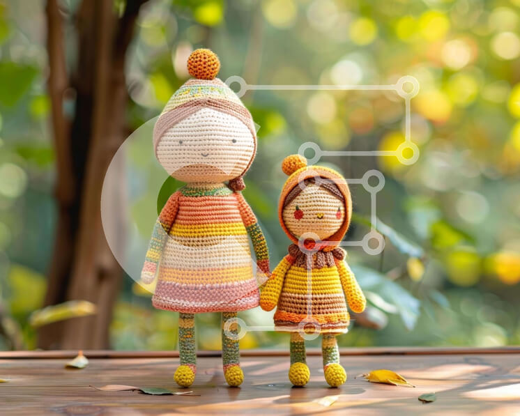 Intra Συλλεκτικό Ξύλινο Παζλ Plywood  4mm - Πολύχρωμες κροσέ κούκλες σε ξύλινο τραπέζι Σε Ξύλινο Κουτί - Διαστάσεις: 10x10 cm – 25 κομμάτια