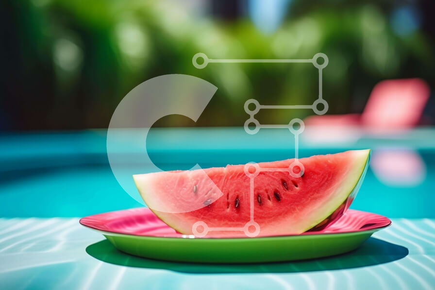 Σετ των 2 Intra Συλλεκτικό Ξύλινο Παζλ Plywood  4mm - Φέτα καρπούζι σε πορτοκαλί πιάτο δίπλα στην πισίνα Σε Ξύλινο Κουτί - Διαστάσεις: 10x10 cm – 25 κομμάτια