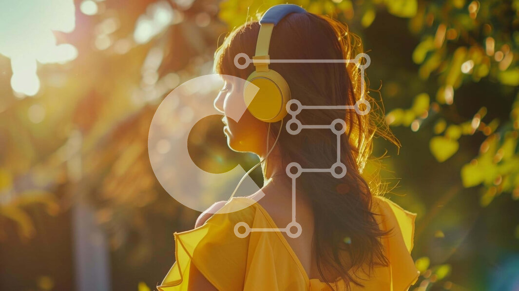 Intra Συλλεκτικό Ξύλινο Παζλ Plywood  4mm - Νεαρή γυναίκα σε εξωτερικούς χώρους με κίτρινα ακουστικά Σε Ξύλινο Κουτί - Διαστάσεις Puzzle: 10x10 cm – 25 κομμάτια