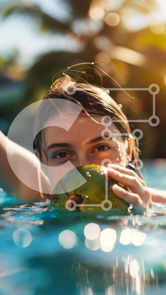 Intra Συλλεκτικό Ξύλινο Παζλ Plywood  4mm - Γυναίκα που κολυμπά στην πισίνα με την πράσινη καρύδα Σε Ξύλινο Κουτί - Διαστάσεις Puzzle: 10x10 cm – 25 κομμάτια