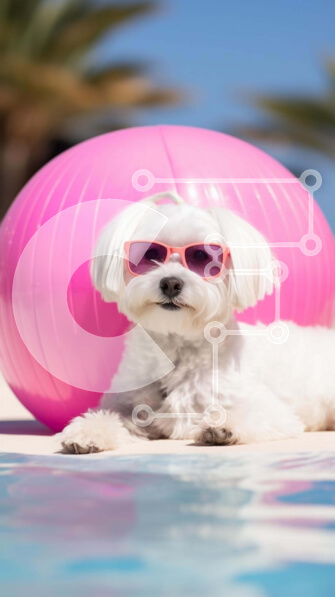 Σετ των 2 Intra Συλλεκτικό Ξύλινο Παζλ Plywood  4mm - Αξιολάτρευτο λευκό σκυλί με ροζ γυαλιά ηλίου στην πισίνα Σε Ξύλινο Κουτί - Διαστάσεις: 10x10 cm – 25 κομμάτια