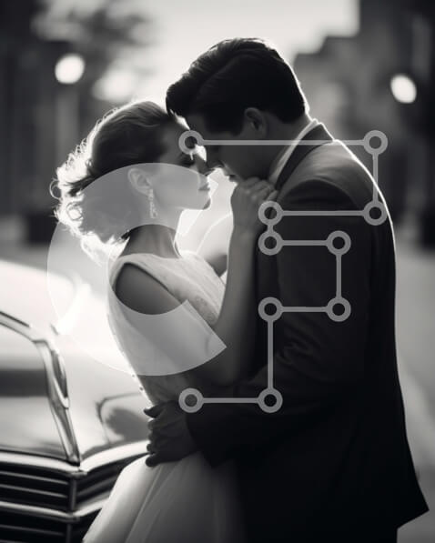 Intra Συλλεκτικό Ξύλινο Παζλ Plywood  4mm - Νεόνυμφο ζευγάρι αγκαλιάζεται μπροστά από vintage αυτοκίνητο Σε Ξύλινο Κουτί - Διαστάσεις Puzzle: 10x10 cm – 25 κομμάτια