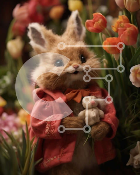 Intra Συλλεκτικό Ξύλινο Παζλ Plywood  4mm - Χαριτωμένο γεμιστό κουνέλι λαγουδάκι με αρκουδάκι στον κήπο με λουλούδια Σε Ξύλινο Κουτί - Διαστάσεις: 10x10 cm – 25 κομμάτια