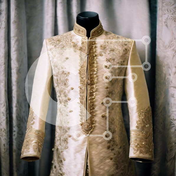 Σετ των 2 Intra Συλλεκτικό Ξύλινο Παζλ Plywood  4mm - Κοστούμι Sherwani σε χρυσό χρώμα στην οθόνη με ντραπέ κουρτίνες Σε Ξύλινο Κουτί - Διαστάσεις: 10x10 cm – 25 κομμάτια