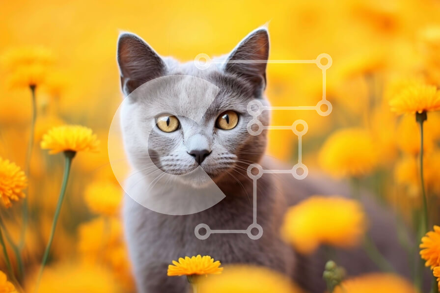 Σετ των 2 Intra Συλλεκτικό Ξύλινο Παζλ Plywood  4mm - Περίεργη γκρίζα γάτα με κίτρινα λουλούδια Σε Ξύλινο Κουτί - Διαστάσεις: 10x10 cm – 25 κομμάτια