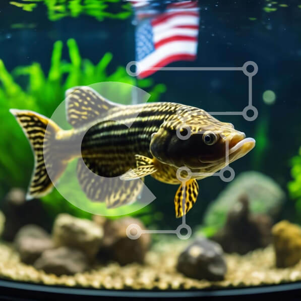 Intra Συλλεκτικό Ξύλινο Παζλ Plywood  4mm - Υγιή ψάρια που κολυμπούν στο ενυδρείο με φόντο την αμερικανική σημαία Σε Ξύλινο Κουτί - Διαστάσεις: 10x10 cm – 25 κομμάτια