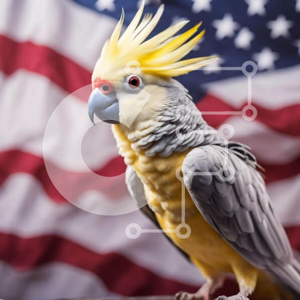 Intra Συλλεκτικό Ξύλινο Παζλ Plywood  4mm - Γκρι και κίτρινο Cockatoo με αμερικανική σημαία Σε Ξύλινο Κουτί - Διαστάσεις: 10x10 cm – 25 κομμάτια