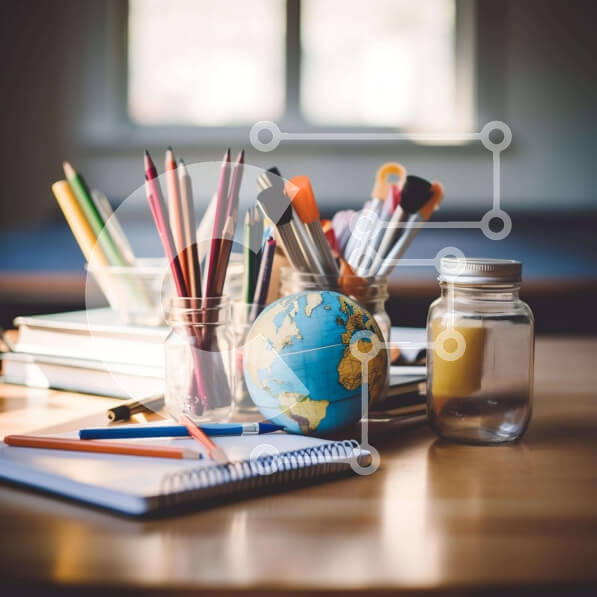 Intra Συλλεκτικό Ξύλινο Παζλ Plywood  4mm - Εκπαιδευτικό γραφείο με υδρόγειο και σχολικά είδη Σε Ξύλινο Κουτί - Διαστάσεις Puzzle: 10x10 cm – 25 κομμάτια