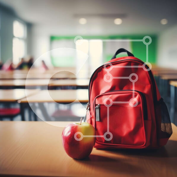 Intra Συλλεκτικό Ξύλινο Παζλ Plywood  4mm - Κόκκινο σακίδιο πλάτης και μήλο σε μια άδεια τάξη Σε Ξύλινο Κουτί - Διαστάσεις Puzzle: 10x10 cm – 25 κομμάτια