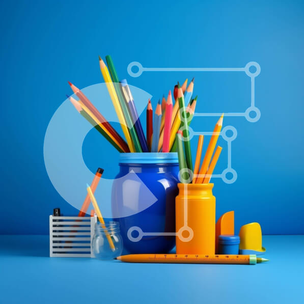 Intra Συλλεκτικό Ξύλινο Παζλ Plywood  4mm - Πολύχρωμα μολύβια και χαρτικά σε μπλε βάζο Σε Ξύλινο Κουτί - Διαστάσεις: 10x10 cm – 25 κομμάτια