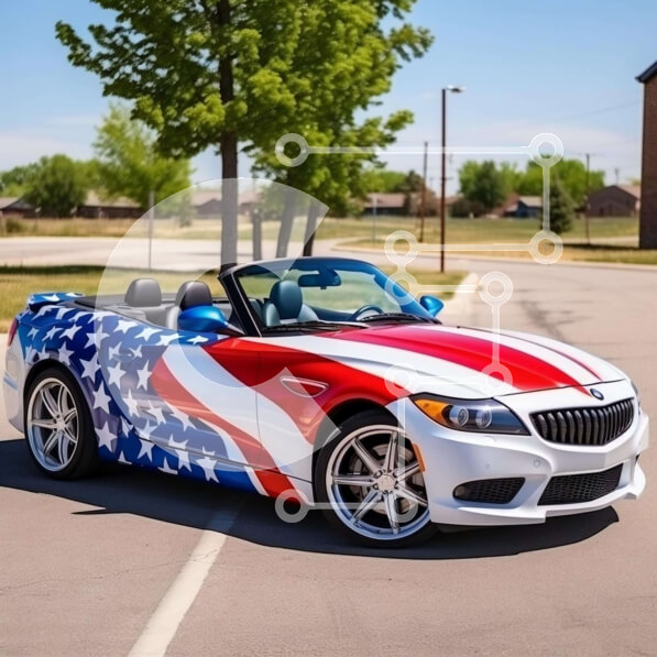 Intra Συλλεκτικό Ξύλινο Παζλ Plywood  4mm - Πατριωτικό BMW Z4 Roadster με αμερικανική σημαία Σε Ξύλινο Κουτί - Διαστάσεις Puzzle: 10x10 cm – 25 κομμάτια