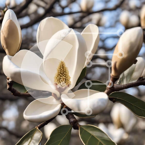 Intra Συλλεκτικό Ξύλινο Παζλ Plywood  4mm - Λευκό λουλούδι Magnolia σε πλήρη άνθιση σε κλαδί βελανιδιάς Σε Ξύλινο Κουτί - Διαστάσεις: 10x10 cm – 25 κομμάτια