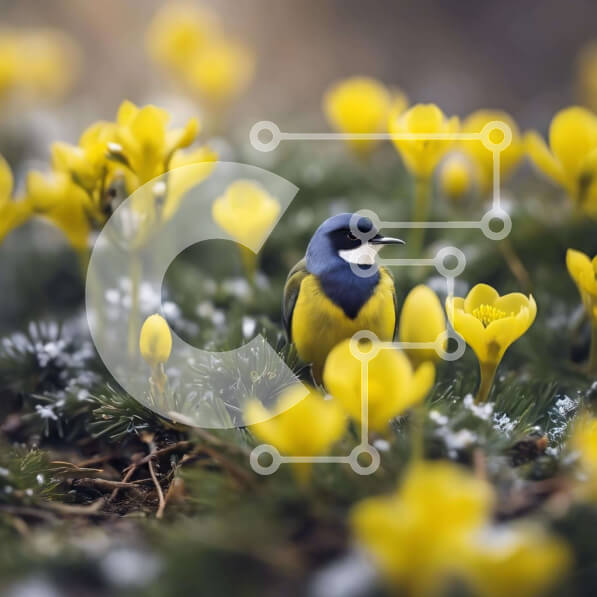 Intra Συλλεκτικό Ξύλινο Παζλ Plywood  4mm - Μπλε και άσπρο πουλί ανάμεσα στους κίτρινους νάρκισσους Σε Ξύλινο Κουτί - Διαστάσεις: 10x10 cm – 25 κομμάτια