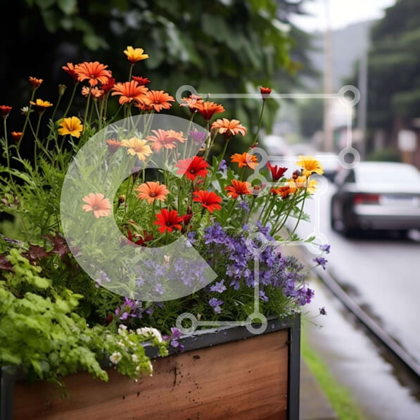 Intra Συλλεκτικό Ξύλινο Παζλ Plywood  4mm - Πολύχρωμο φυτευτή λουλουδιών στην άκρη του δρόμου Σε Ξύλινο Κουτί - Διαστάσεις: 10x10 cm – 25 κομμάτια