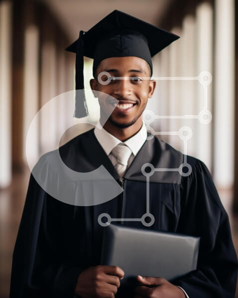 Intra Συλλεκτικό Ξύλινο Παζλ Plywood  4mm - Άνδρας Πτυχιούχος με ενδυμασία αποφοίτησης με ανοιχτό φορητό υπολογιστή ανάμεσα στις στήλες Σε Ξύλινο Κουτί - Διαστάσεις Puzzle: 10x10 cm – 25 κομμάτια