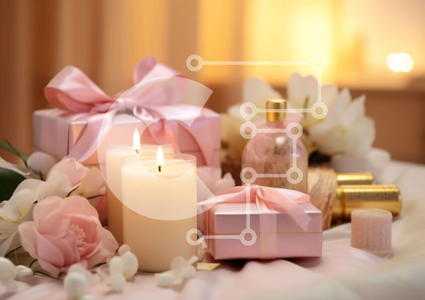 Intra Συλλεκτικό Ξύλινο Παζλ Plywood  4mm - Ροζ και λευκά κουτιά δώρων και κεριά σε ένα γιορτινό τραπέζι Σε Ξύλινο Κουτί - Διαστάσεις Puzzle: 10x10 cm – 25 κομμάτια