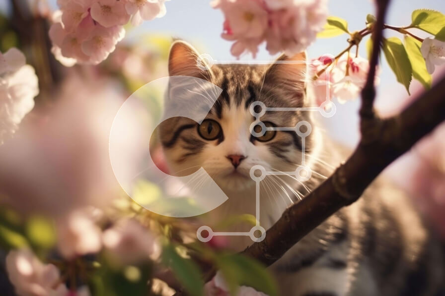 Σετ των 2 Intra Συλλεκτικό Ξύλινο Παζλ Plywood  4mm - Περίεργη γάτα σε κλαδί δέντρου με ροζ άνθη Σε Ξύλινο Κουτί - Διαστάσεις: 10x10 cm – 25 κομμάτια