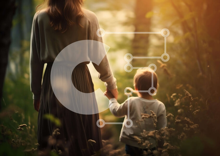 Intra Συλλεκτικό Ξύλινο Παζλ Plywood  4mm - Γυναίκα και παιδί που περπατούν στο δάσος κρατώντας τα χέρια Σε Ξύλινο Κουτί - Διαστάσεις: 10x10 cm – 25 κομμάτια