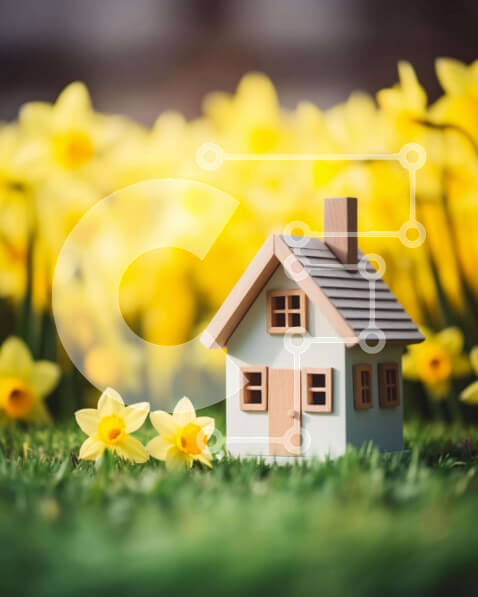 Intra Συλλεκτικό Ξύλινο Παζλ Plywood  4mm - Σπίτι παιχνιδιών στο γρασίδι με νάρκισσους Σε Ξύλινο Κουτί - Διαστάσεις: 10x10 cm – 25 κομμάτια