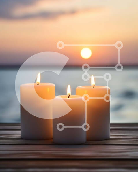 Intra Συλλεκτικό Ξύλινο Παζλ Plywood  4mm - Τρία λευκά κεριά σε ένα ξύλινο κατάστρωμα στο ηλιοβασίλεμα Σε Ξύλινο Κουτί - Διαστάσεις: 10x10 cm – 25 κομμάτια