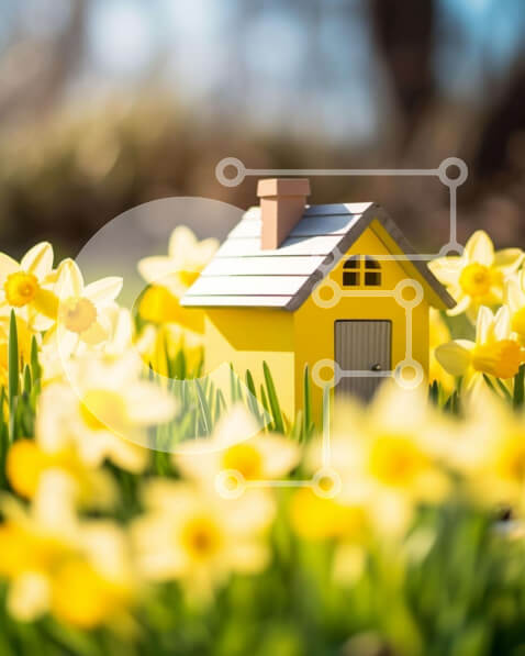 Intra Συλλεκτικό Ξύλινο Παζλ Plywood  4mm - Κίτρινο σπίτι ανάμεσα στους νάρκισσους Σε Ξύλινο Κουτί - Διαστάσεις: 10x10 cm – 25 κομμάτια