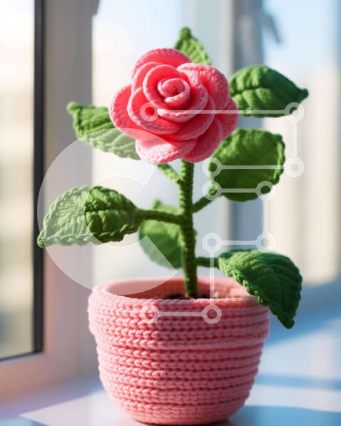 Intra Συλλεκτικό Ξύλινο Παζλ Plywood  4mm - Ροζ κροσέ γλάστρα σε άδειο περβάζι παραθύρου Σε Ξύλινο Κουτί - Διαστάσεις: 10x10 cm – 25 κομμάτια