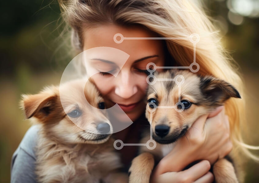 Σετ των 2 Intra Συλλεκτικό Ξύλινο Παζλ Plywood  4mm - Γυναίκα που κρατά δύο μικρά κουτάβια Σε Ξύλινο Κουτί - Διαστάσεις: 10x10 cm – 25 κομμάτια