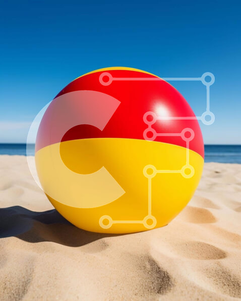 Intra Συλλεκτικό Ξύλινο Παζλ Plywood  4mm - Κόκκινη και κίτρινη μπάλα παραλίας στην αμμώδη ακτή κοντά στον ωκεανό Σε Ξύλινο Κουτί - Διαστάσεις: 10x10 cm – 25 κομμάτια