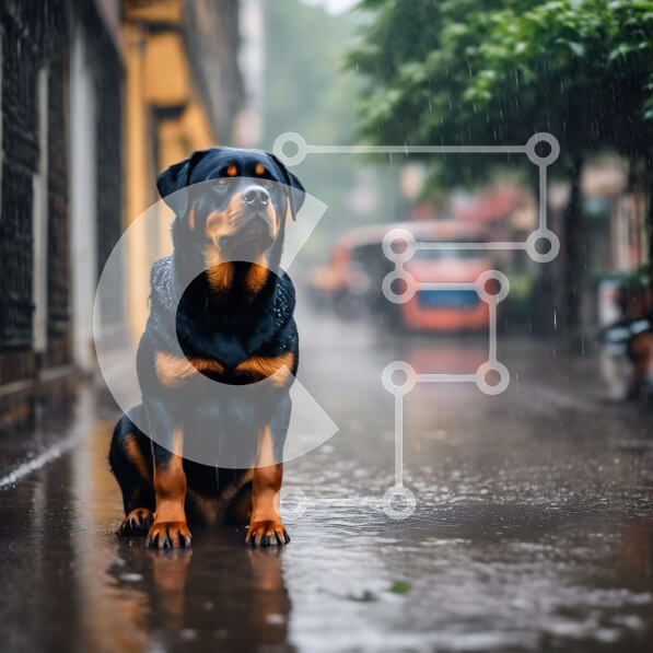 Intra Συλλεκτικό Ξύλινο Παζλ Plywood  4mm - Μαύρο και καφέ σκυλί στη βροχή στην Urban Street Σε Ξύλινο Κουτί - Διαστάσεις: 10x10 cm – 25 κομμάτια